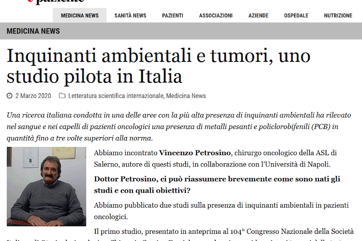 Inquinanti ambientali e tumori, due studi pilota in Italia. Intervista su medico e Paziente a Vincenzo Petrosino