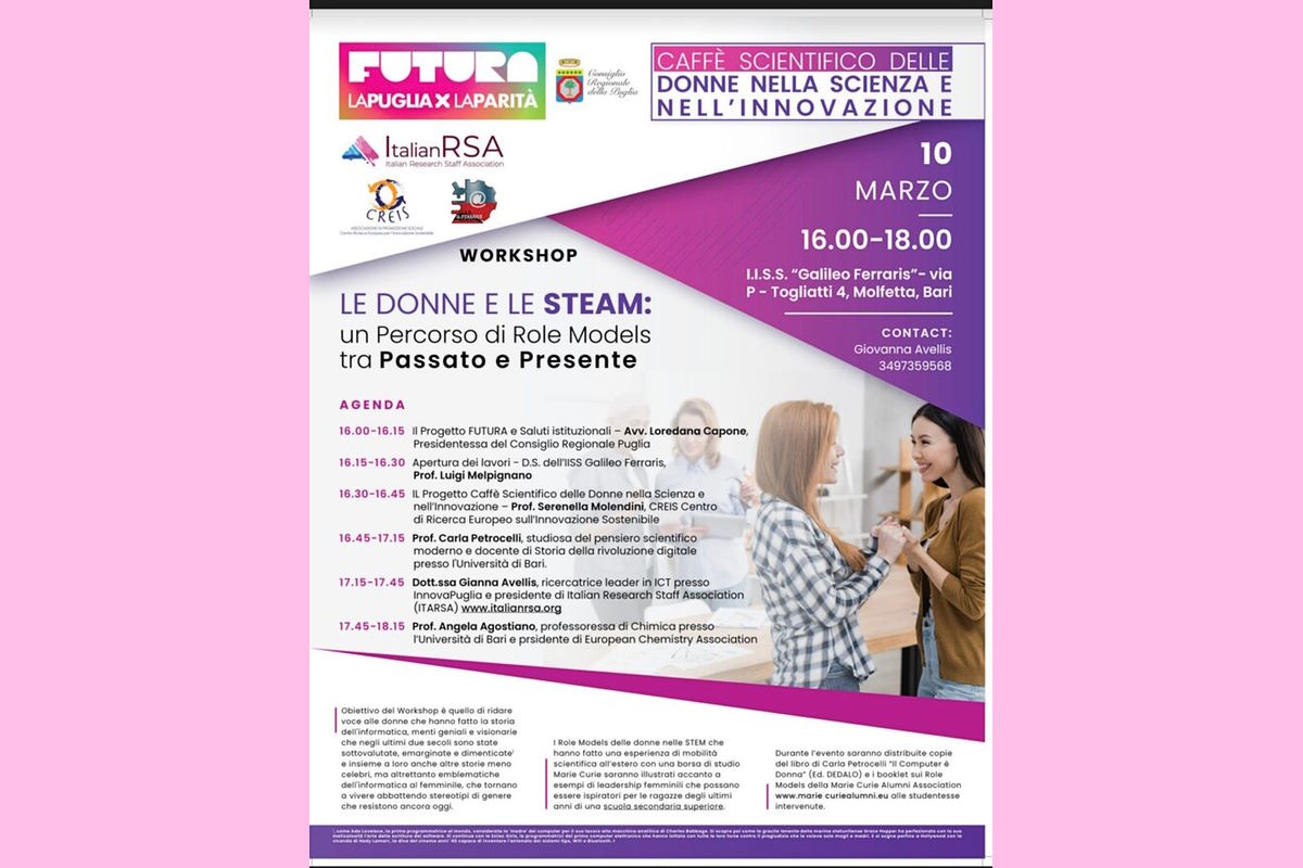 La Puglia per la Parità. Donne, STEM e transizione digitale: workshop a Molfetta e Lecce dell’Associazione CREIS