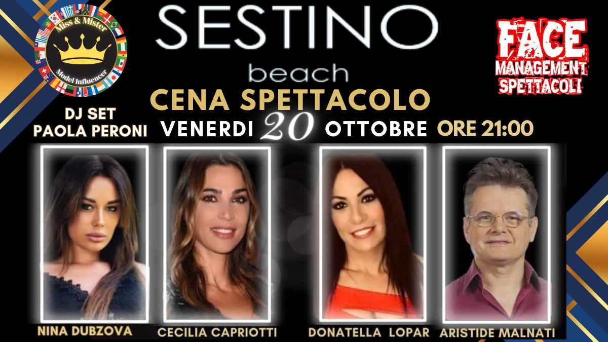 Grande attesa per l'evento di venerdì 20 ottobre al Sestino Beach di Desenzano del Garda, cena spettacolo con concorso di bellezza e ospiti vip