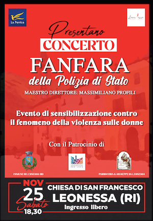GIORNATA INTERNAZIONALE CONTRO LA VIOLENZA SULLE DONNE 2023: A LEONESSA IL CONCERTO DELLA FANFARA DELLA POLIZIA DI STATO