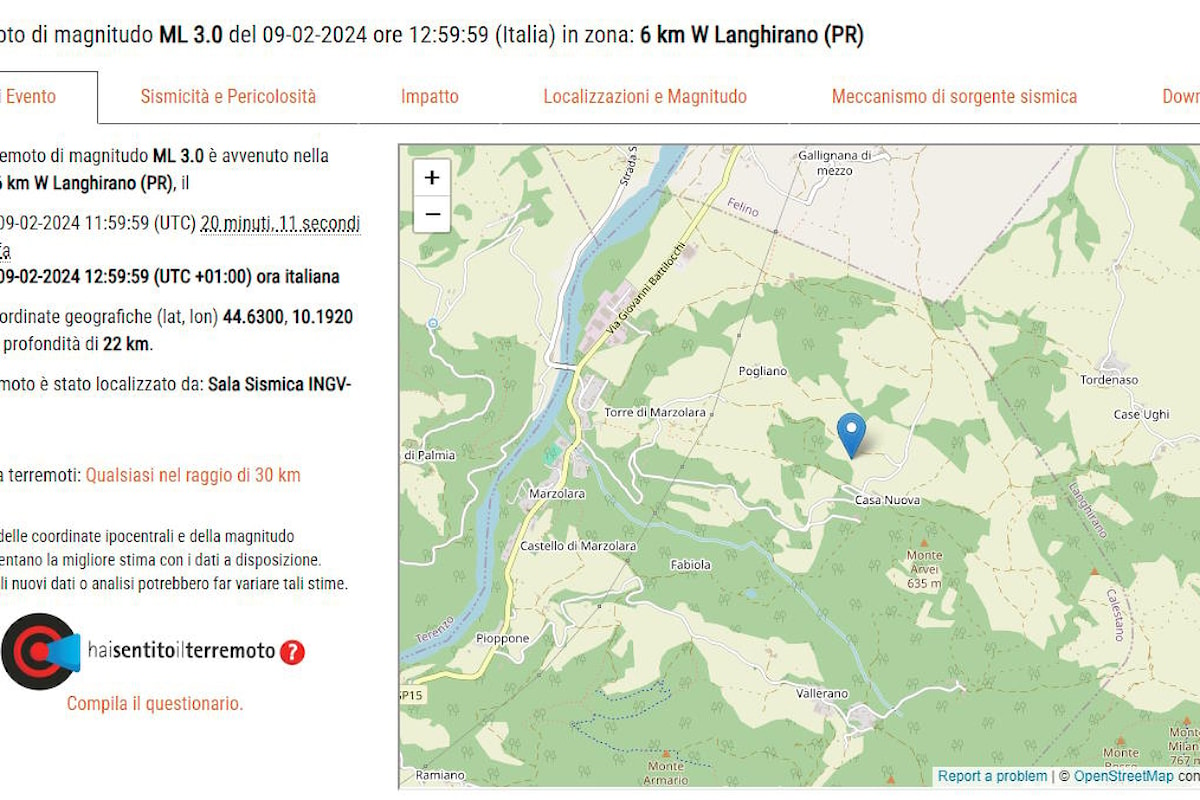 Continua lo sciame sismico nella provincia di Parma: interessati i comuni di Langhirano e Calestano