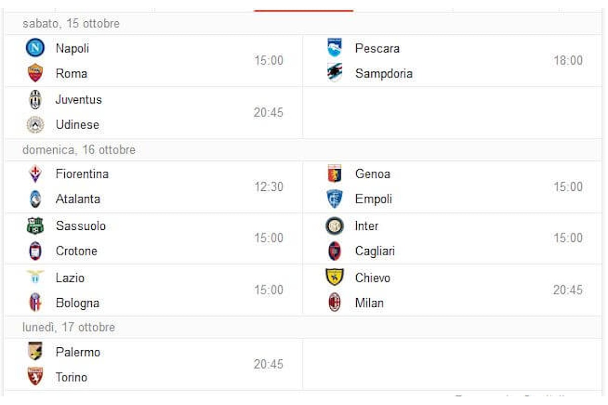 Calendario ed orario ottava giornata Serie A