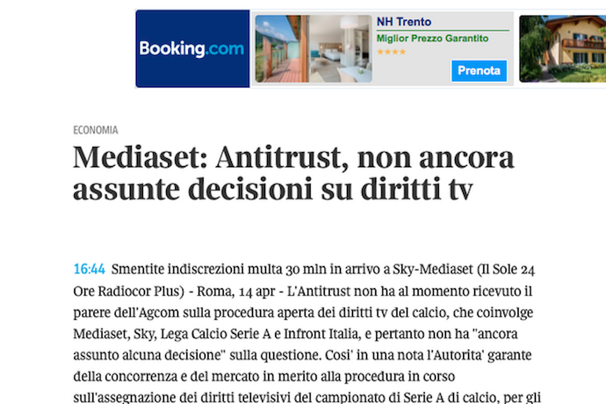 Infront diritti TV: Antitrust, al momento nessuna decisione