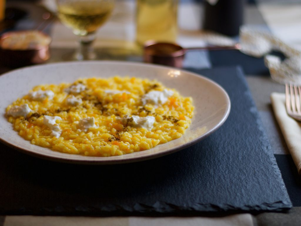 Risotto alla zucca, burrata e caffè