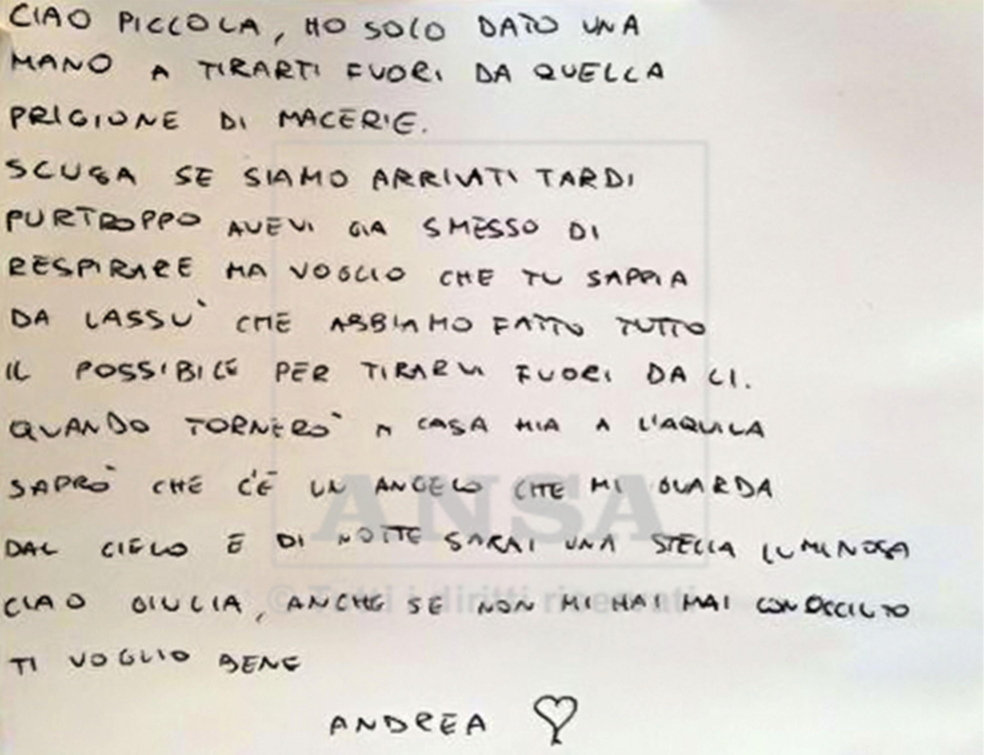 SULLA BARA DELLA PICCOLA GIULIA LA LETTERA DI UNO DEI SOCCORRITORI: SCUSA SE SIAMO ARRIVATI TARDI